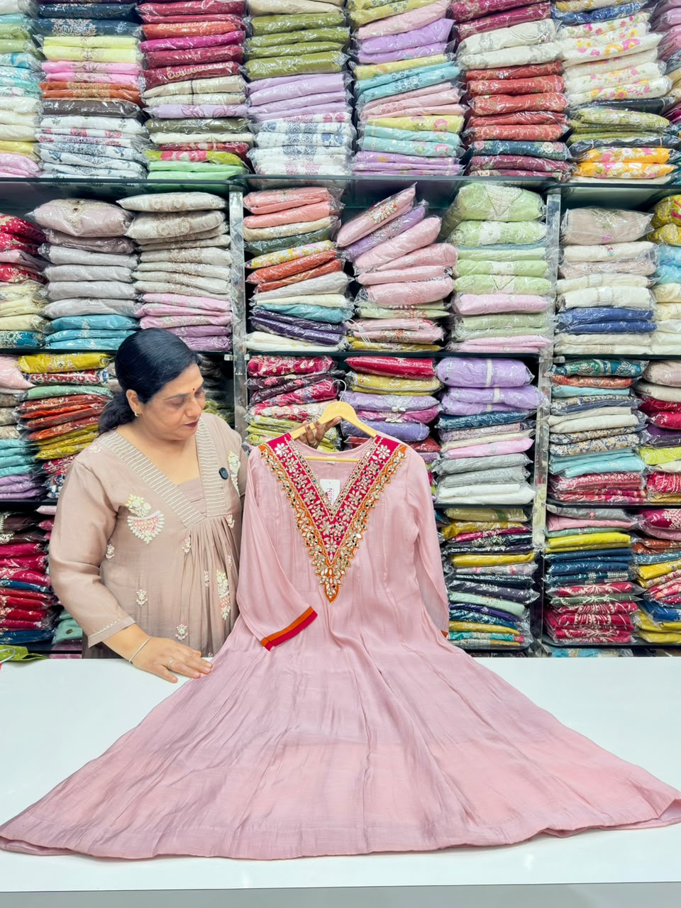 Peach And Pista Green Semi Parti Wear Mul chabdari Anarkali Dress Gotapatti And Hand Work Detailing On Neck With Duptta RR1673