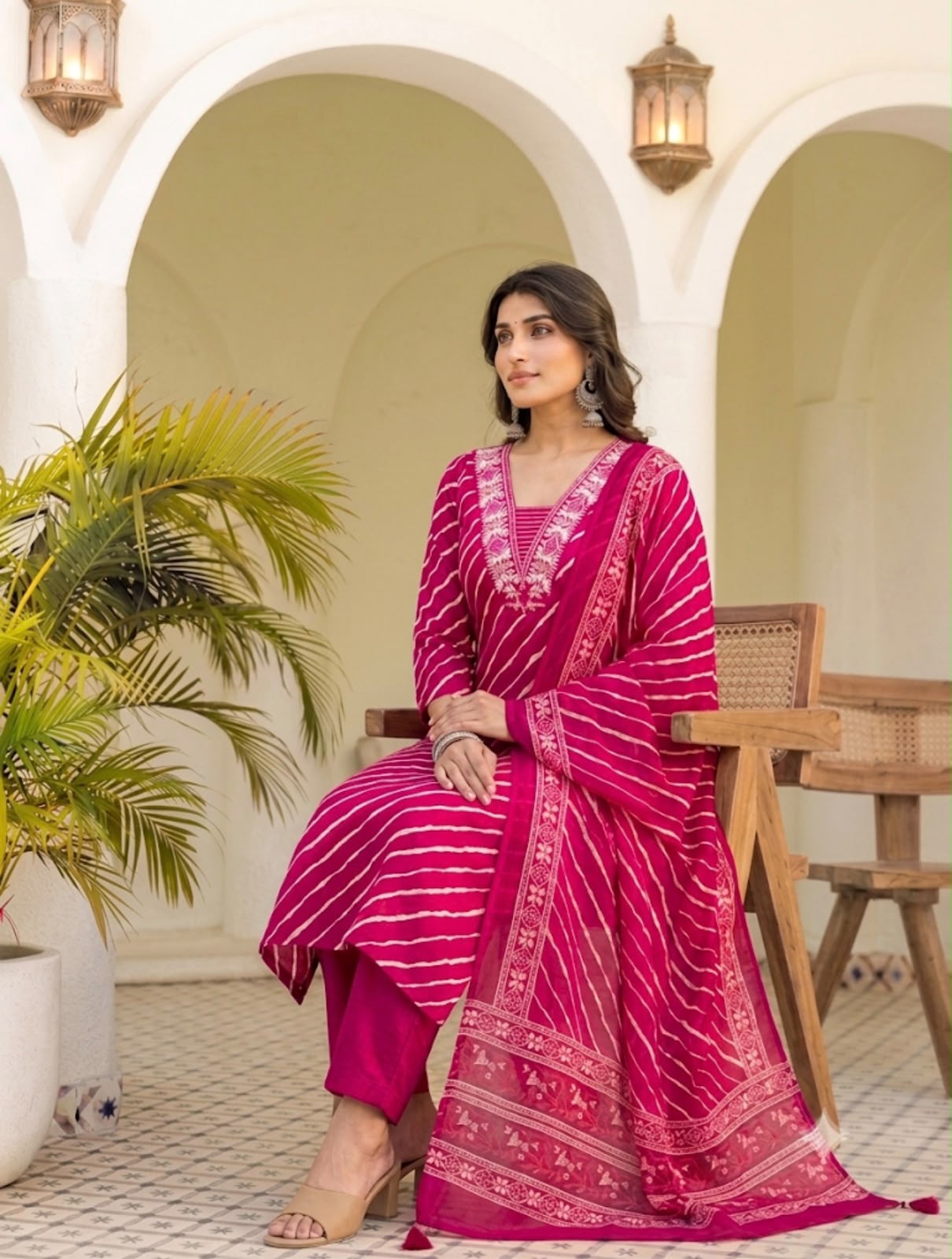 Leheriya Ptint Kurti Pant With Duptta Pure Cotton  Thread Work On Neck (Orange,Rani And Yellow )