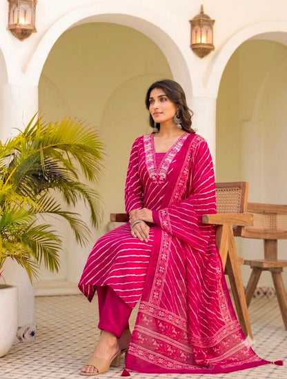 Leheriya Ptint Kurti Pant With Duptta Pure Cotton  Thread Work On Neck (Orange,Rani And Yellow )