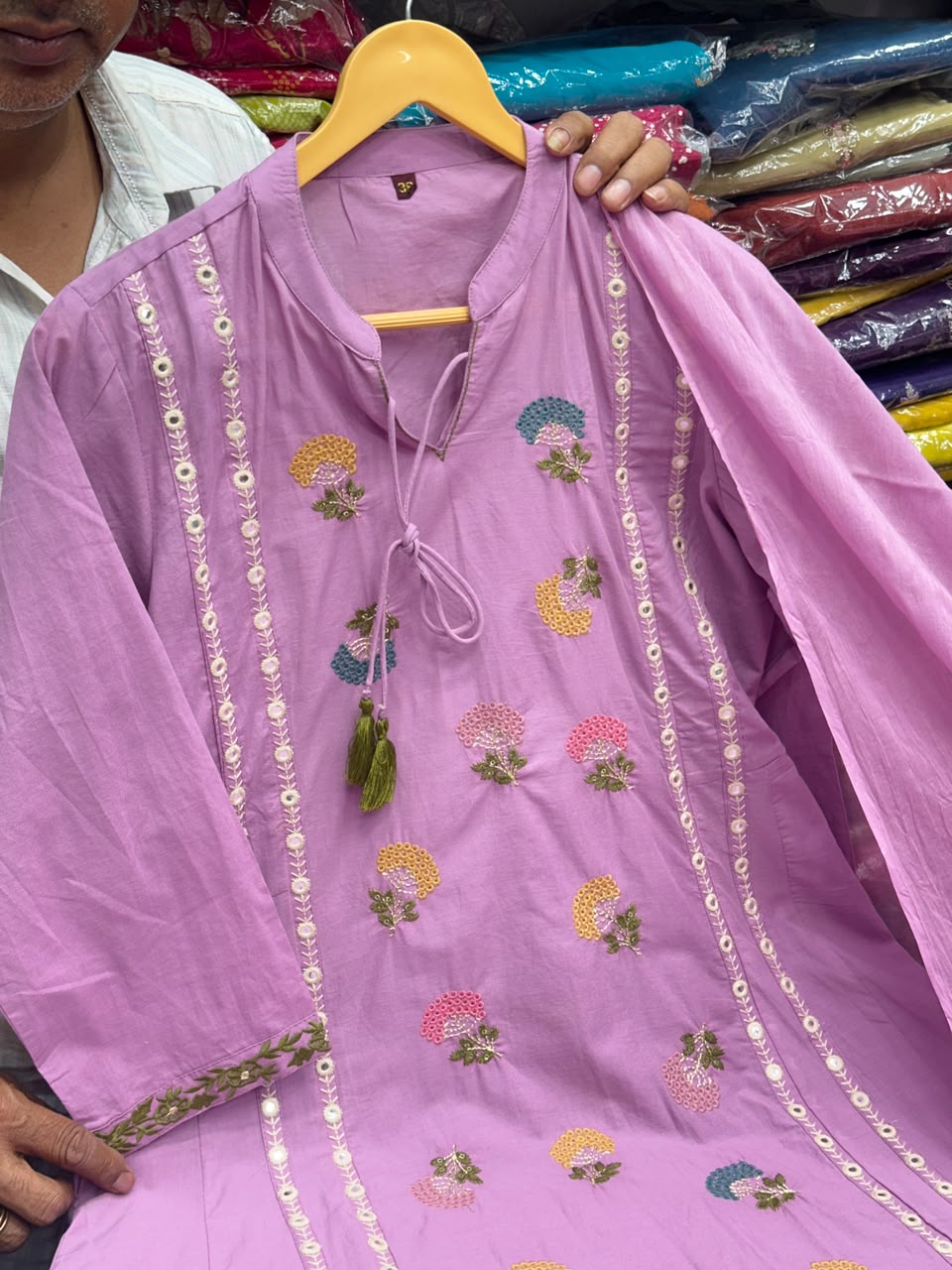 Women's Pure Cotton A-Line 3-Piece Kurta Set with Flower thread work