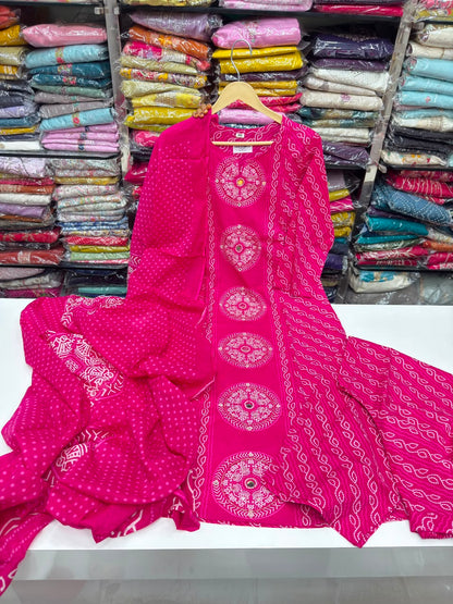 Pure Cotton Bandhani Print 3-Piece Kurta Set with Loose Pants & Dupatta | Sawan Special Affordable Summer Suit for Women