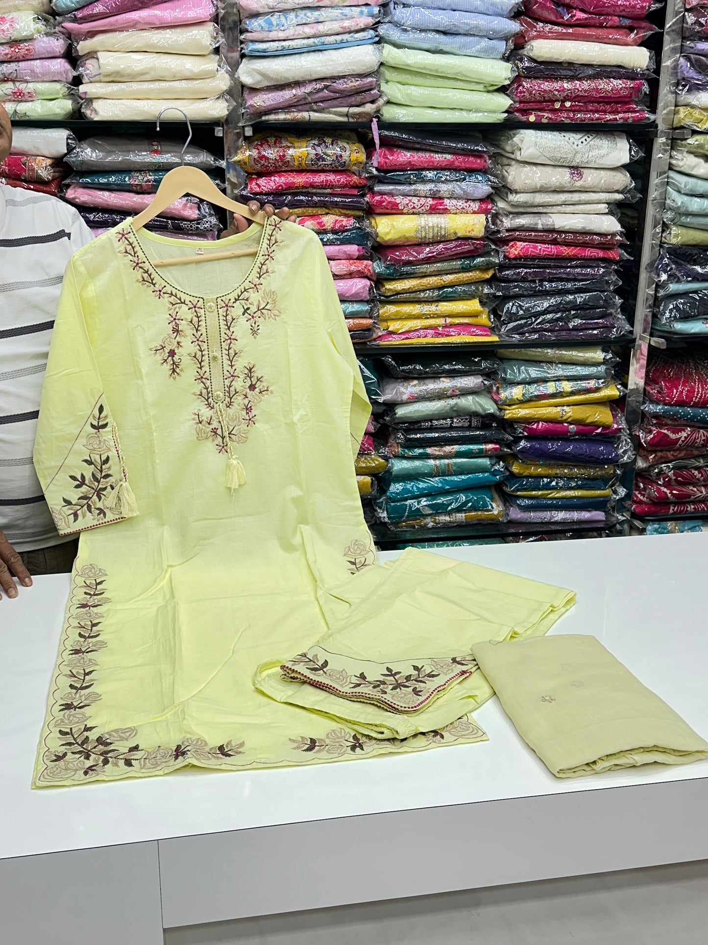 Soft Cotton Semiformal Straight Suit with Heavy Embroidery work on sleeves & Border and bottom