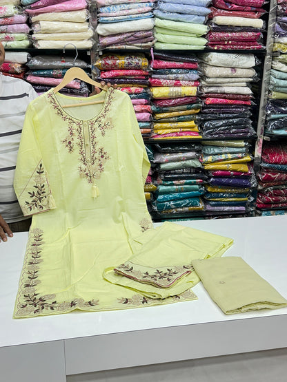 Soft Cotton Semiformal Straight Suit with Heavy Embroidery work on sleeves & Border and bottom