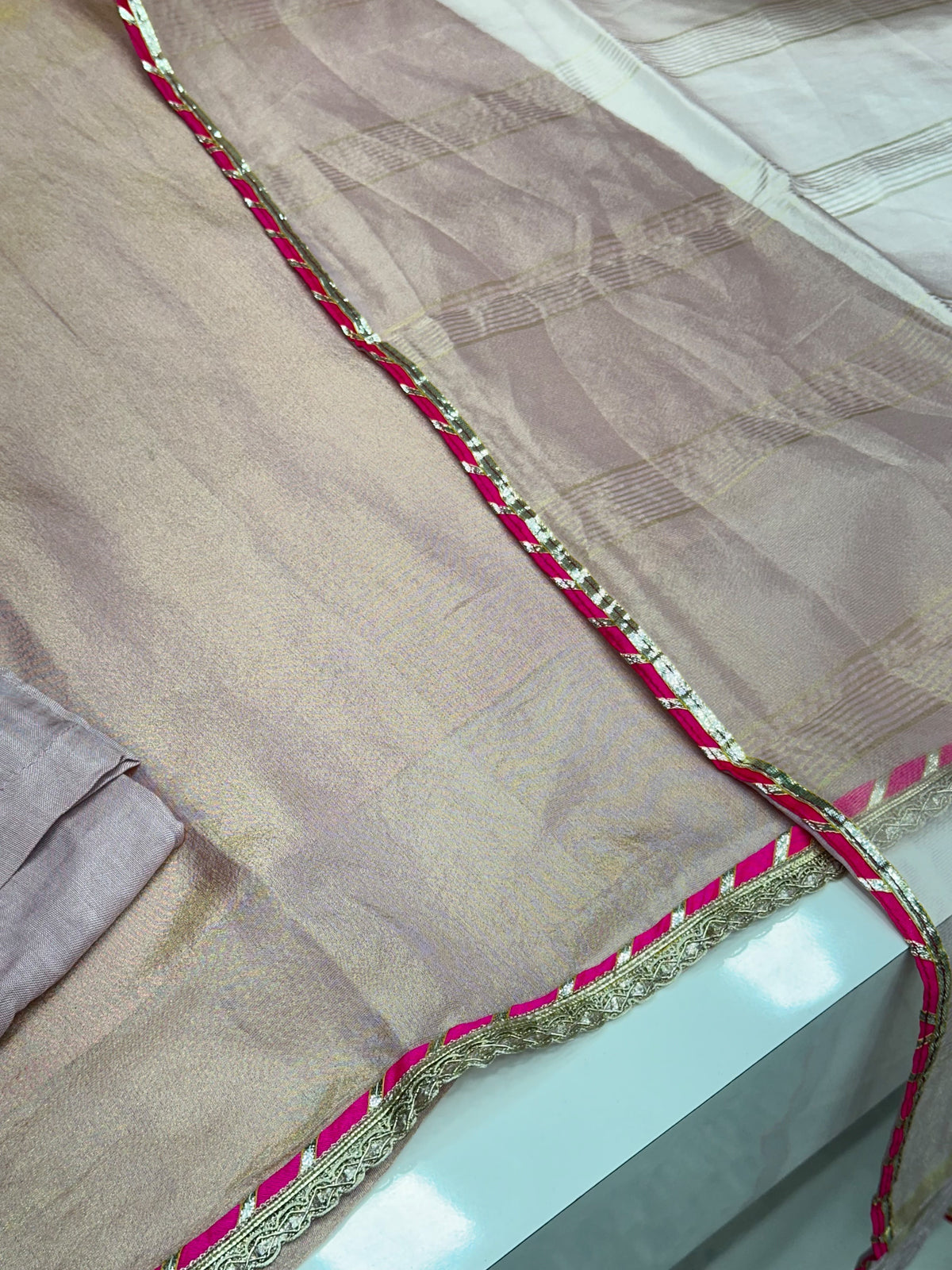 Rose Gold & Green Gold Tissue Kurta Set with Pure Cotton Lining & Handwork