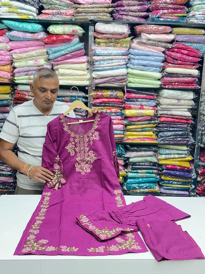 Soft Cotton Semiformal Straight Suit with Heavy Embroidery work on sleeves & Border and bottom