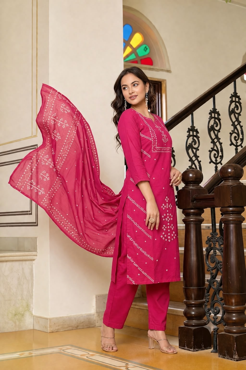 Bandhani Print semi Formal Kurti Pant With Duptta Merror Work Detailing On Neck