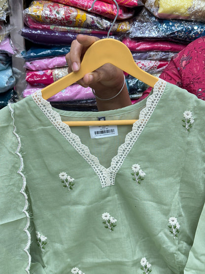 Classy and rich 3 piece kurta set in premium mul cotton fabric with doodle thread work detailing all over the kurta in pista color elegant and comfortable article with lining