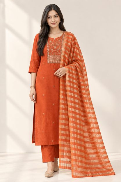 Dola Silk Straight Kurti Pant Set with Beads Work and Golden Print Dupatta – RR1664