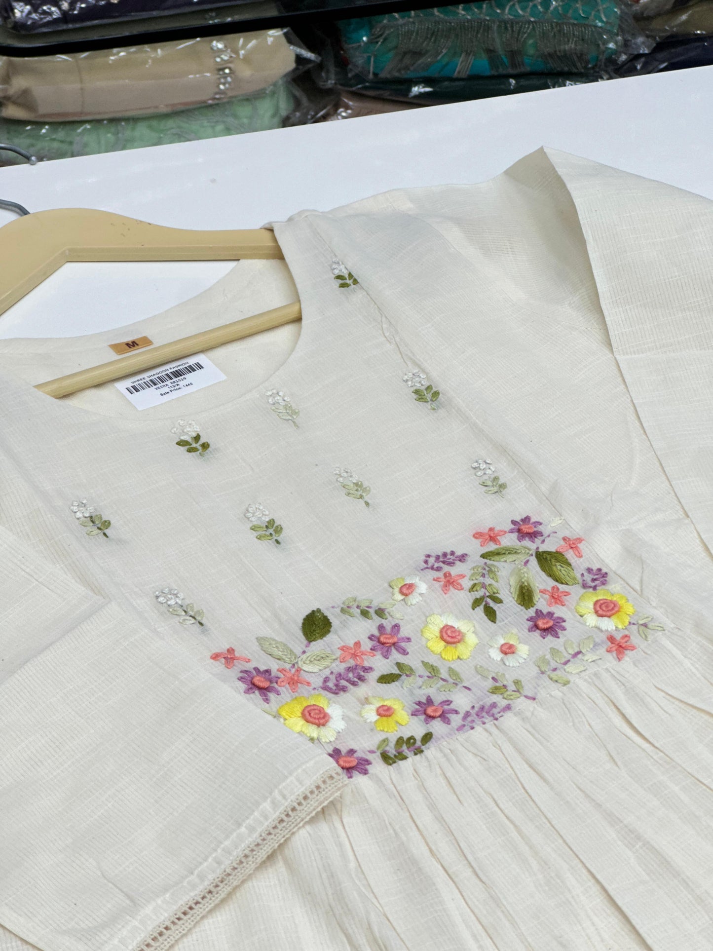 Off-White Doriya Mul Cotton 3-Piece Kurta Set with flower Embroidery & Floral doodle on Dupatta and Pockets | Premium Summer Ethnic Wear for Women