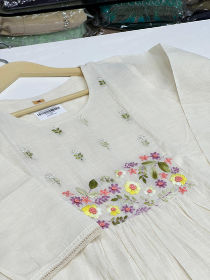 Off-White Doriya Mul Cotton 3-Piece Kurta Set with flower Embroidery & Floral doodle on Dupatta and Pockets | Premium Summer Ethnic Wear for Women