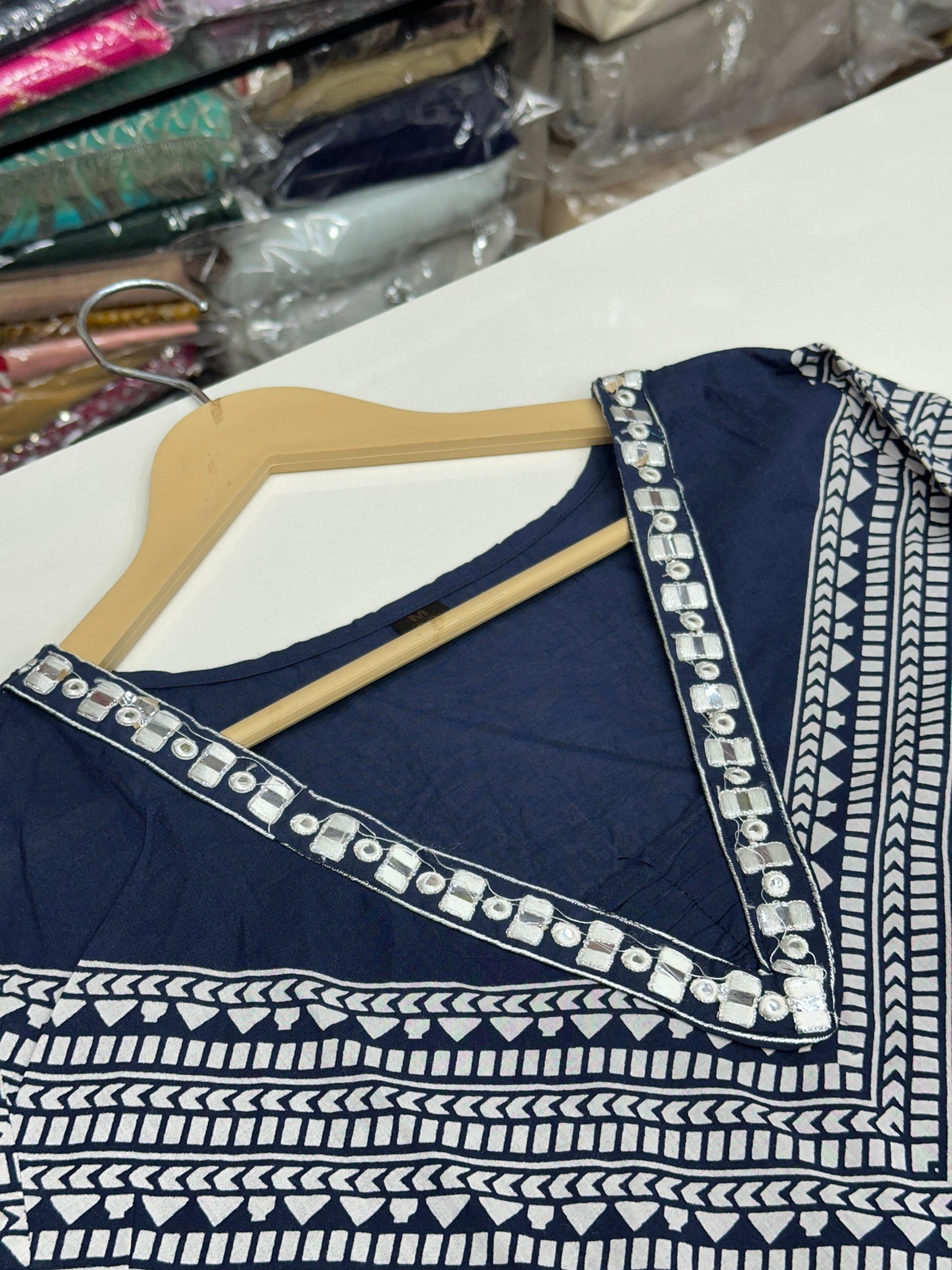Women's Pure Cotton Geometric Print 3-Piece Kurta Set with Thread Work V-Neck, Loose Pants and Dupatta RR1495