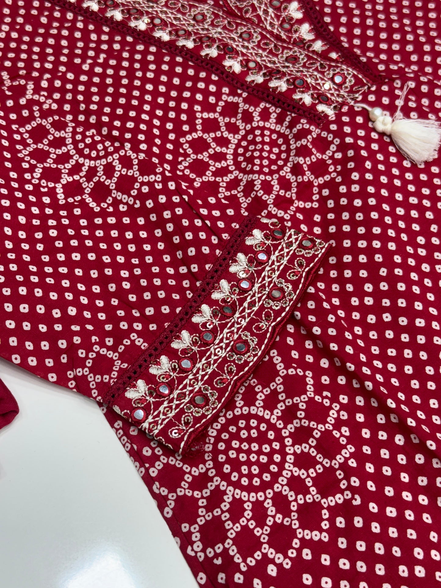 Vibrant Pure Cotton Bandhani Print Kurta Set with Leheriya Dupatta | Sawan Special V-Neck Suit with Lace Work | Comfortable Summer Wear RR1527