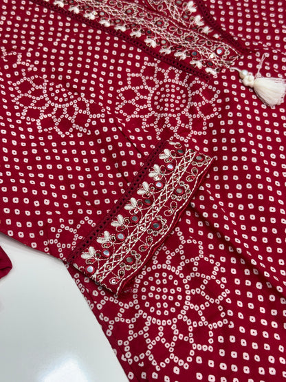 Vibrant Pure Cotton Bandhani Print Kurta Set with Leheriya Dupatta | Sawan Special V-Neck Suit with Lace Work | Comfortable Summer Wear RR1527