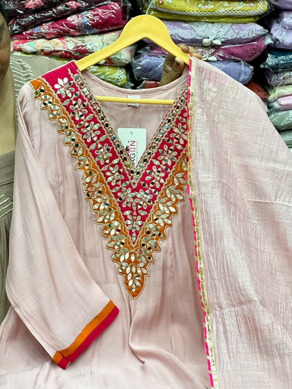 Peach And Pista Green Semi Parti Wear Mul chabdari Anarkali Dress Gotapatti And Hand Work Detailing On Neck With Duptta RR1673