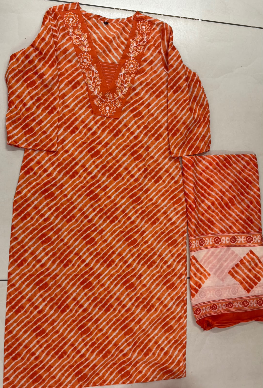 Leheriya Ptint Kurti Pant With Duptta Pure Cotton  Thread Work On Neck (Orange,Rani And Yellow )