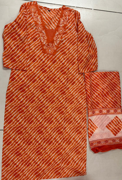 Leheriya Ptint Kurti Pant With Duptta Pure Cotton  Thread Work On Neck (Orange,Rani And Yellow )