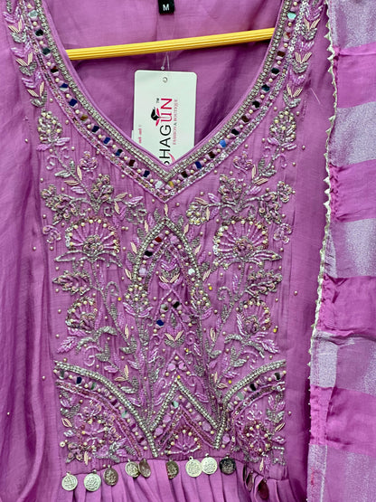 Handcrafted Mul Chanderi A-Line Kurta Set with Front Pleats, Pocket Handwork & Dupatta