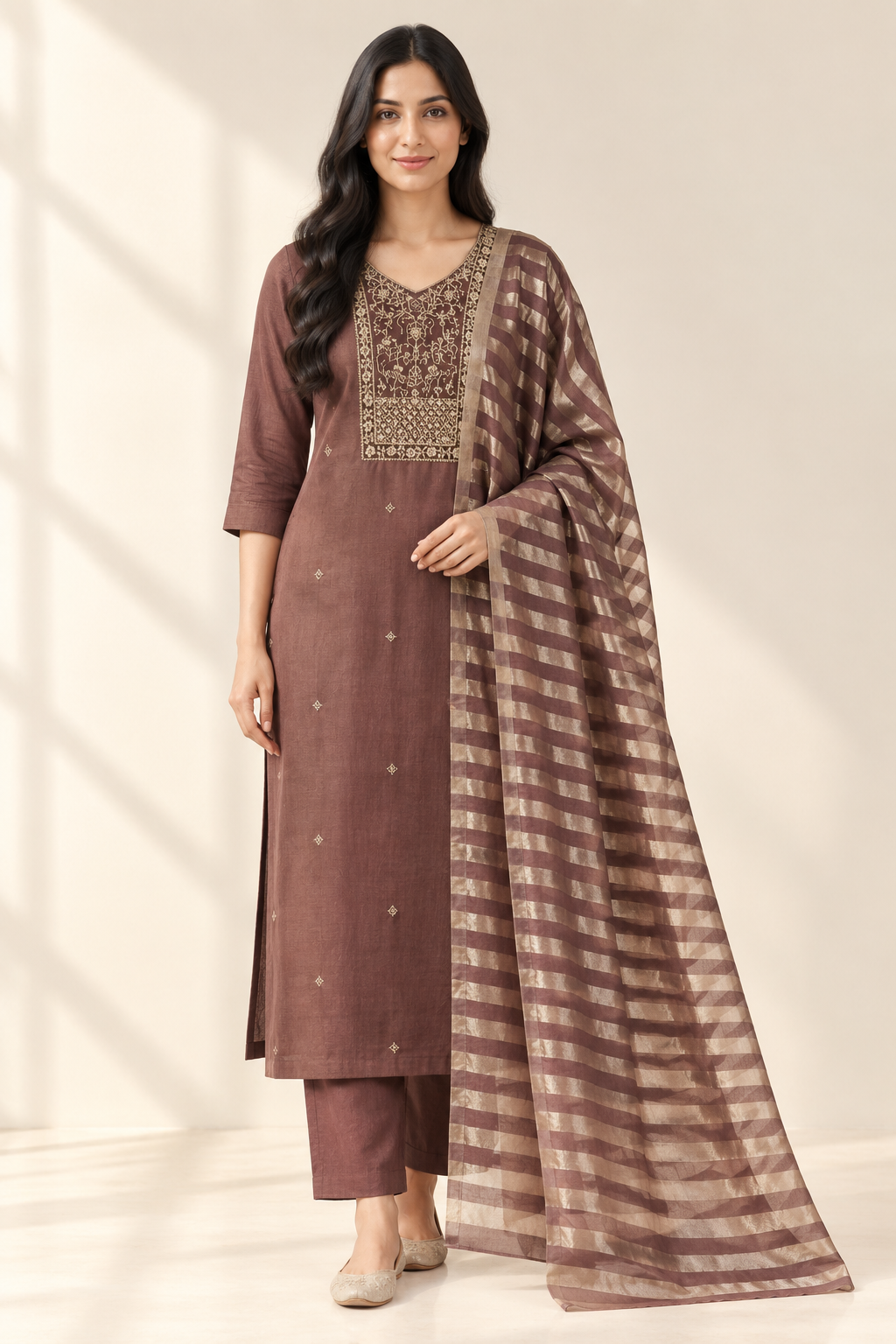 Dola Silk Straight Kurti Pant Set with Beads Work and Golden Print Dupatta – RR1664