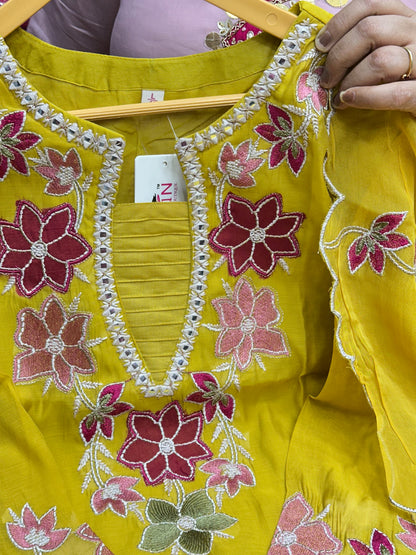 Mul Chanderi Short Kurti with Garara Set – Designer Aplic & Thread Work Party Wear Three-Piece Kurta Set