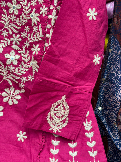 Women's Rani Pink A-Line Cotton Suit with White Lucknowi Embroidery (3-Piece)