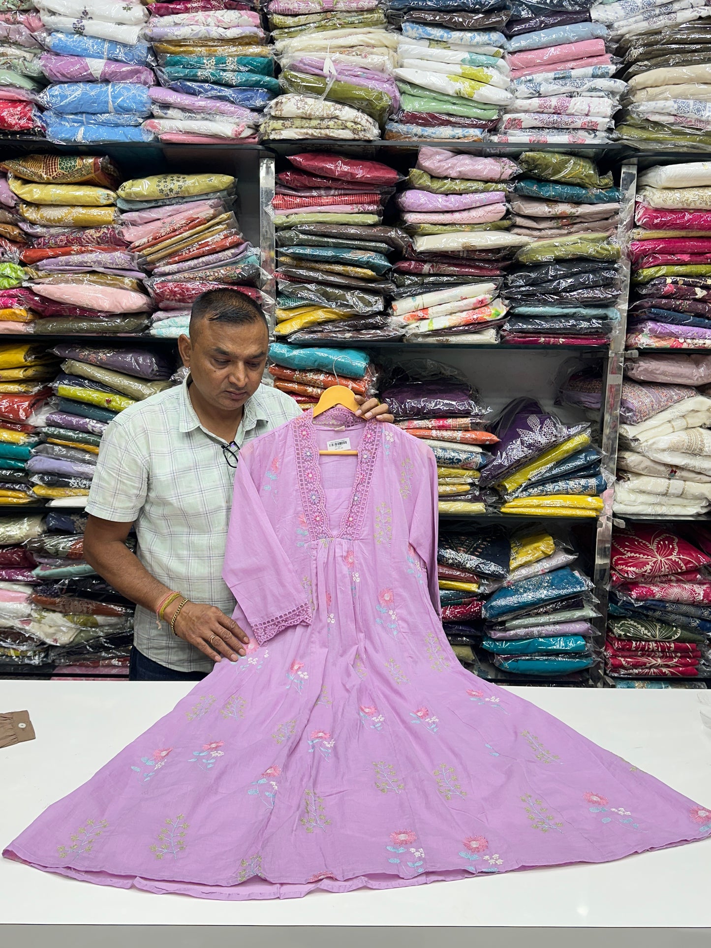 Pastel Pure Mul Cotton Embroidered 3-Piece Kurta Set with Floral Thread Work & Lace Detailing