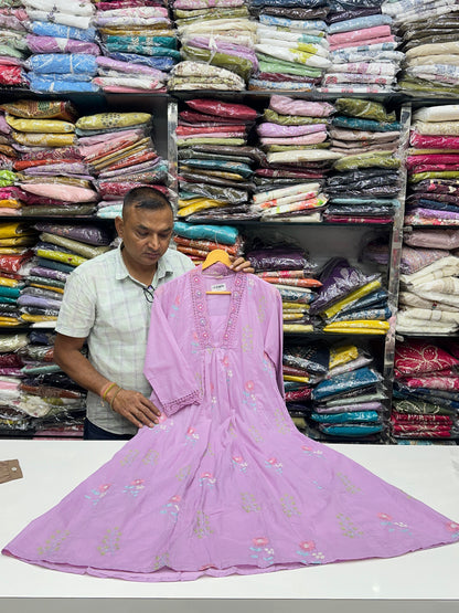 Pastel Pure Mul Cotton Embroidered 3-Piece Kurta Set with Floral Thread Work & Lace Detailing