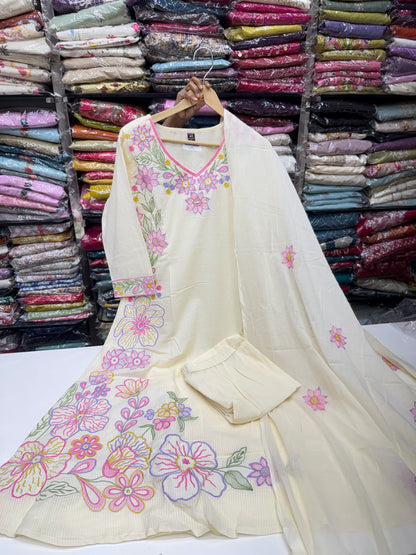 Pastel Pink Self-Texture Mul Cotton 3-Piece Kurta Pant Set with Dupatta & Lining | Floral Thread Work Summer Suit Set