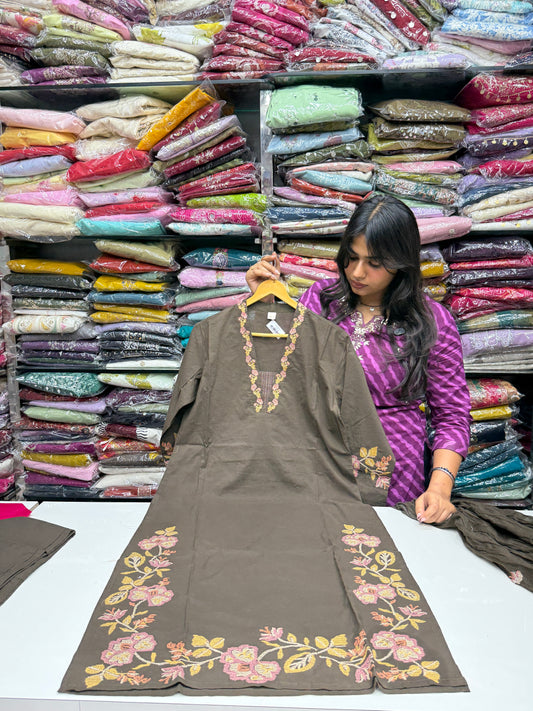 Pure cotton 3 piece kurta set with cross thread detailing
