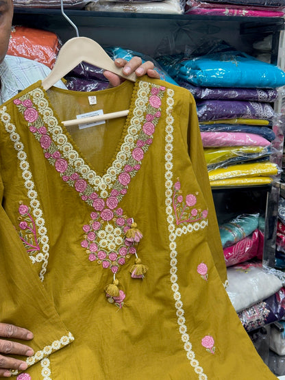 Women's Rani Pink and mustard  Pure Cotton 3-Piece Kurta Set with All-Over Thread Work (Kurta, Pant & Dupatta)