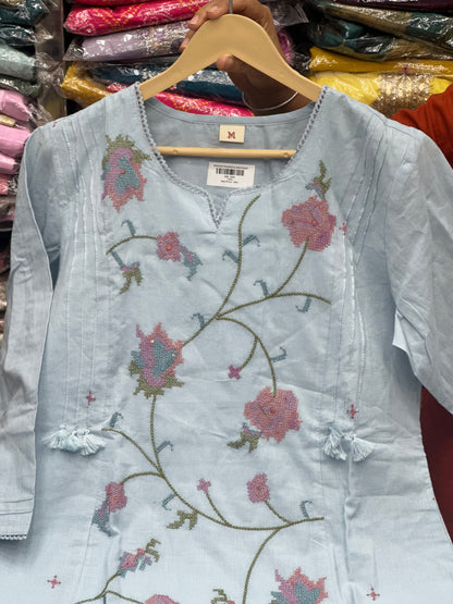 3 piece pure cotton Straight Suit kurta set with colorfull Embroidered  detailing all over the kurta RR1505