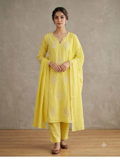 Butter Yellow Pure Mulmul Cotton Embroidered 3-Piece Kurta Set with Lining