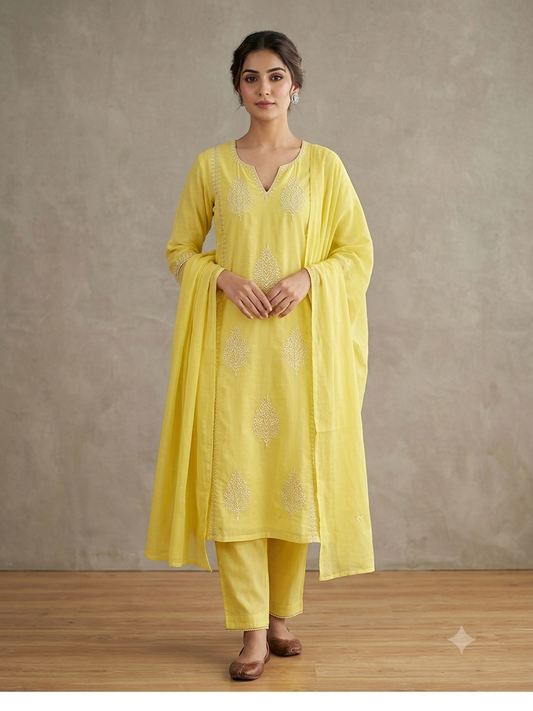 Butter Yellow Pure Mulmul Cotton Embroidered 3-Piece Kurta Set with Lining
