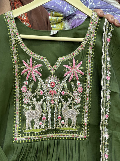 Mul Chanderi 3-Piece Kurta Set in Brown, Mehendi & Green with Thread Work