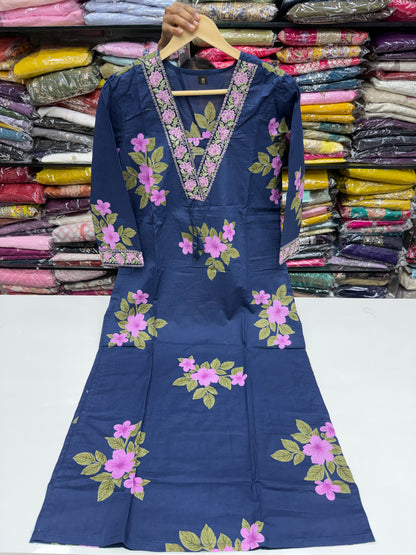Women's Pure Cotton Floral Printed 3-Piece Kurta Set with Lace Work V-Neck, Loose Pants and Printed Dupatta