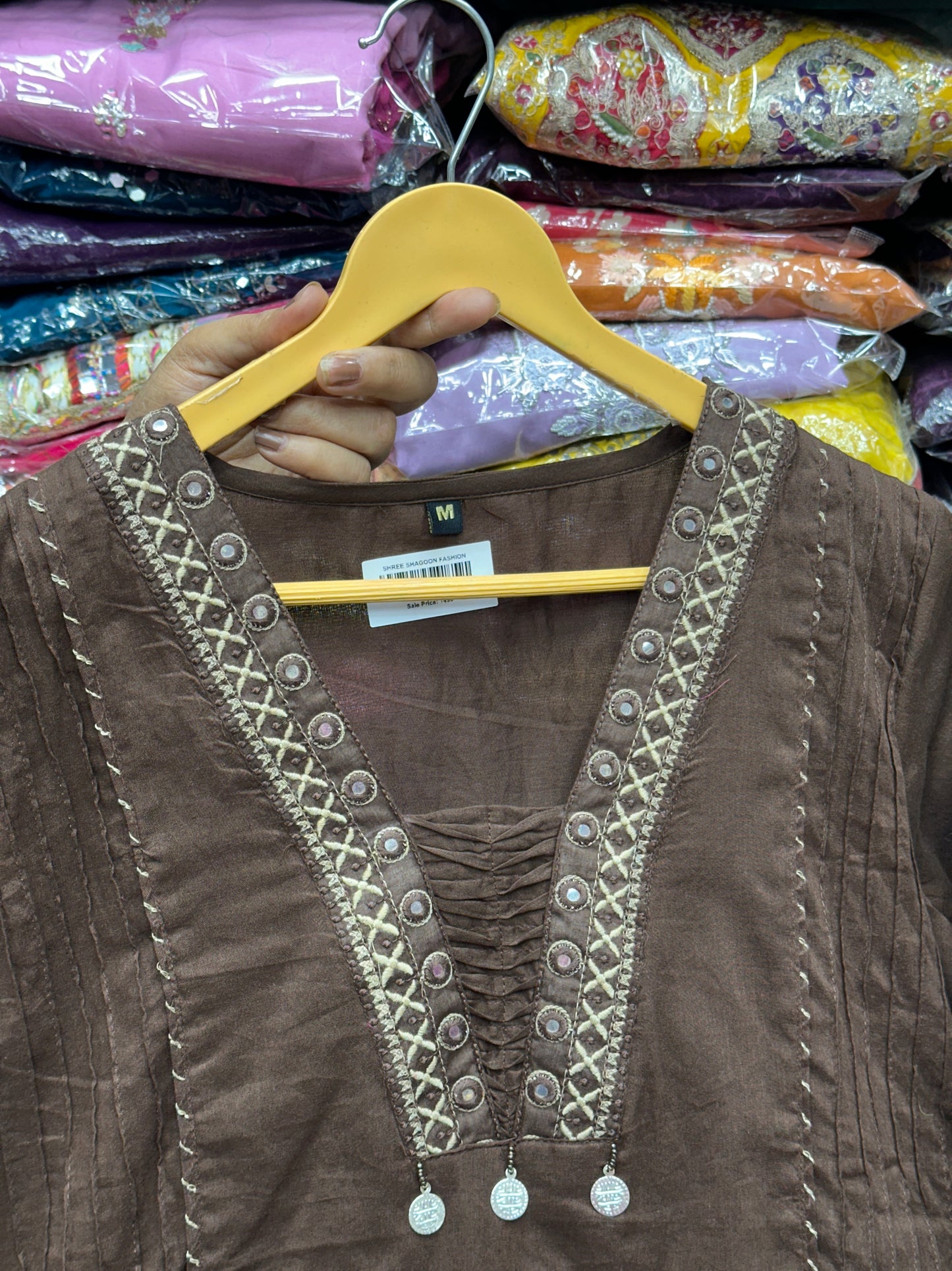 Pure cotton 3 piece kurta set with thread work detailing and hand painted dupatta