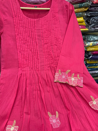 Soft Cotton Semiformal A line Suit with Heavy Embroidery work on sleeves and Border