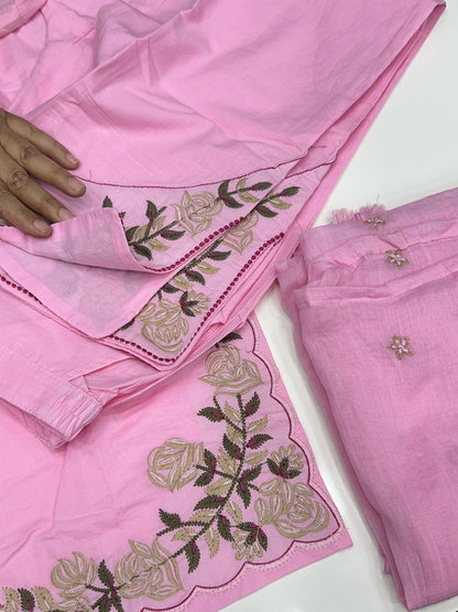 Soft Cotton Semiformal Straight Suit with Heavy Embroidery work on sleeves & Border and bottom