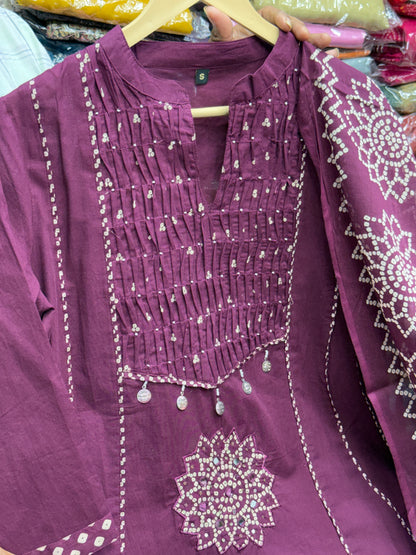Pure Cotton Bandhani Printed A-Line Kurta Set with Pintex Neck Detailing, Matching Pants & Dupatta (3-Piece)