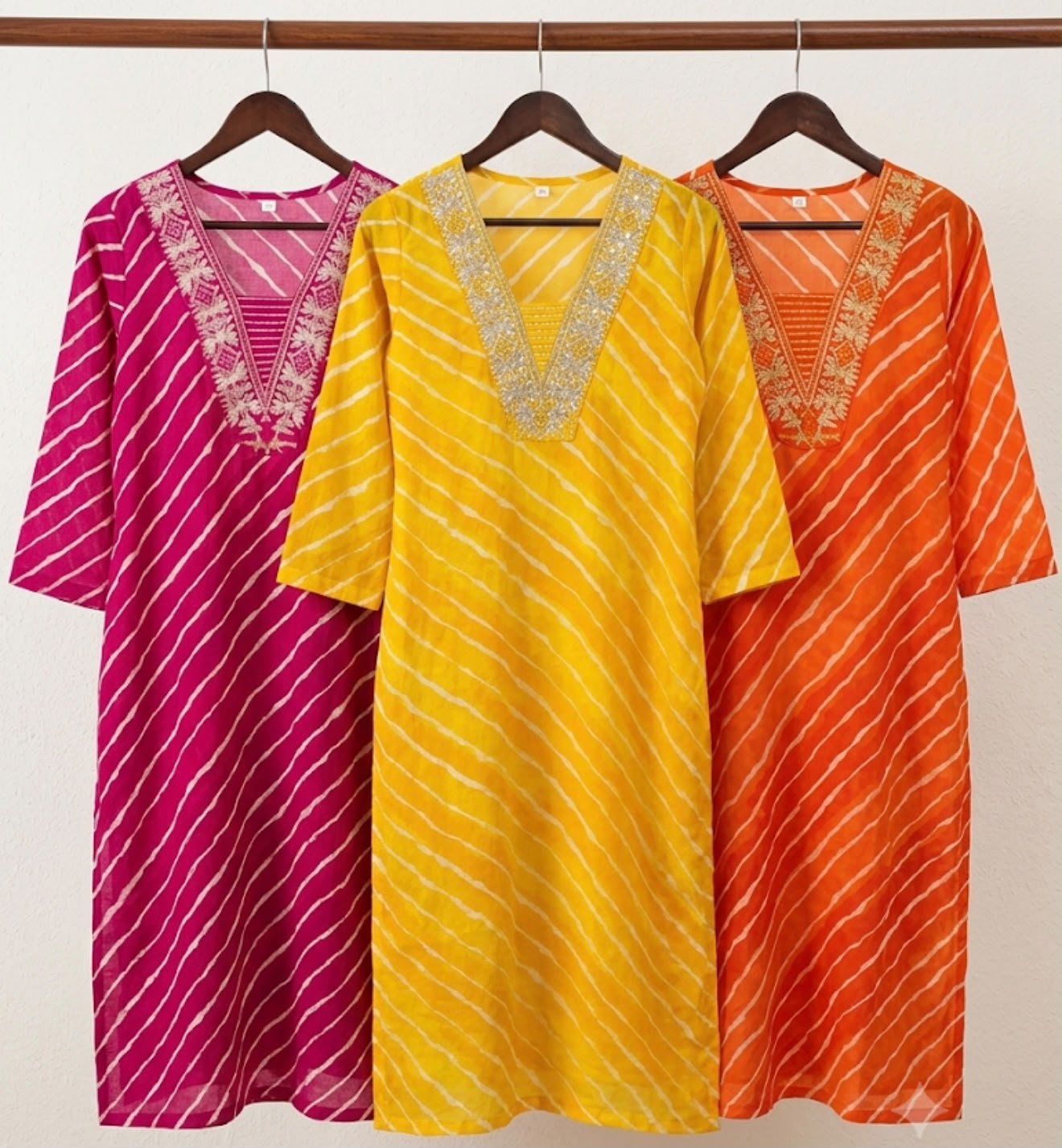Pure Cotton Leheriya 3-Piece Ethnic Suit Set with Thread Work