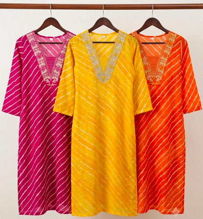 Pure Cotton Leheriya 3-Piece Ethnic Suit Set with Thread Work
