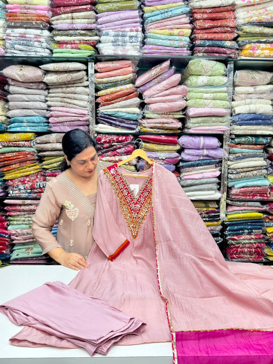 Peach And Pista Green Semi Parti Wear Mul chabdari Anarkali Dress Gotapatti And Hand Work Detailing On Neck With Duptta RR1673