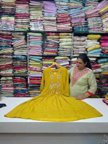 Handcrafted Mul Chanderi Mustard A-Line 3-Piece Suit Set with Handwork | Festive & Party Wear