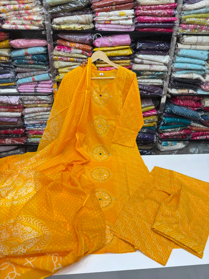 Pure Cotton Bandhani Print 3-Piece Kurta Set with Loose Pants & Dupatta | Sawan Special Affordable Summer Suit for Women