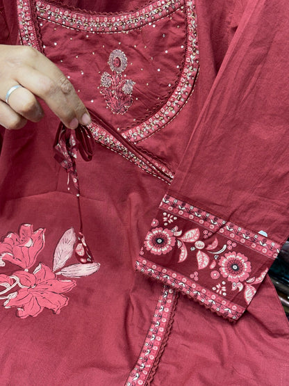 Pure Cotton Hand Block Floral Print 3-Piece Suit Set with Neck Detailing & Slit Pants