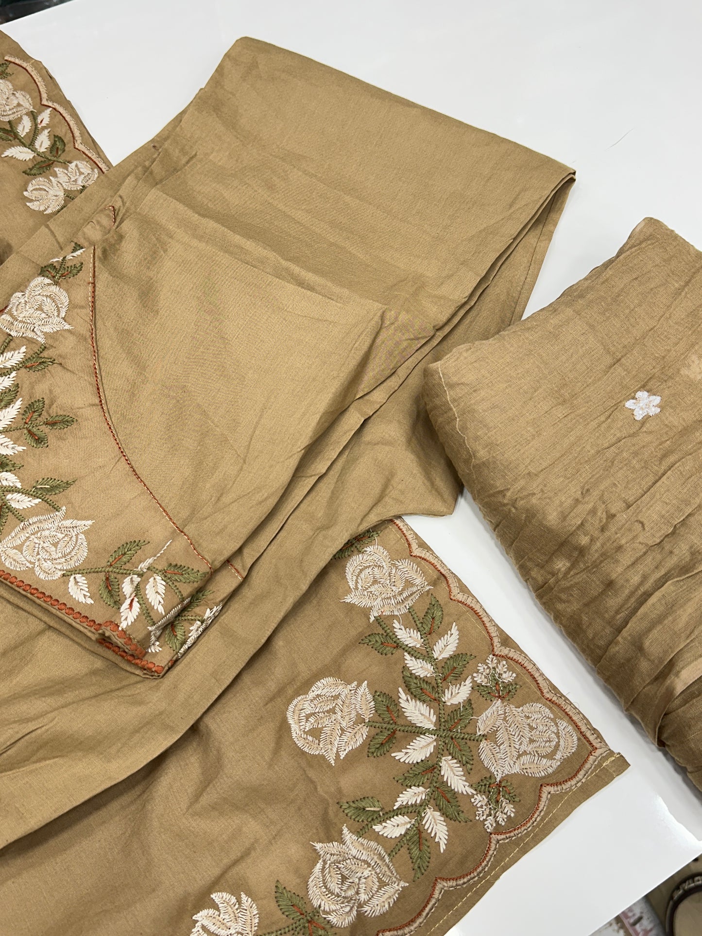 Soft Cotton Semiformal Straight Suit with Heavy Embroidery work on sleeves & Border and bottom