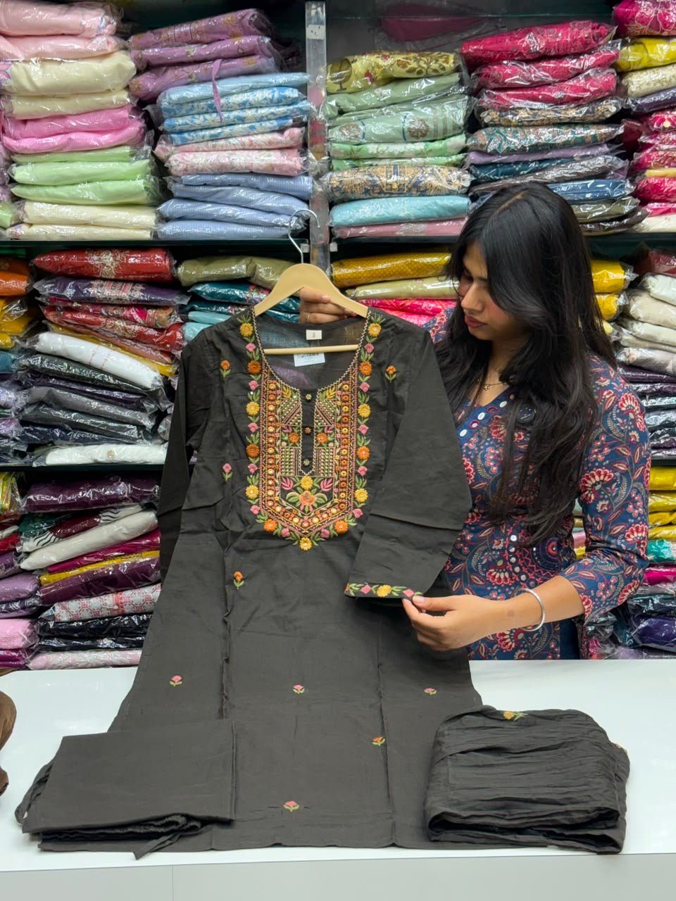 3 piece pure cotton kurta set with colorful hand work detailing all over neck and sleeves