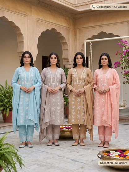 Pastel Pure Mulmul Cotton 3-Piece Kurta Set with Inner Lining & Thread Work