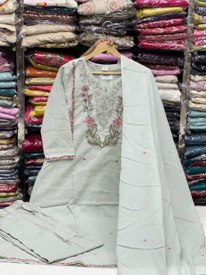 Pure Cotton Hand Embroidered Kurta Set for Women | 3-Piece  Suit in pastel Colors | Comfortable Simple Office Wear