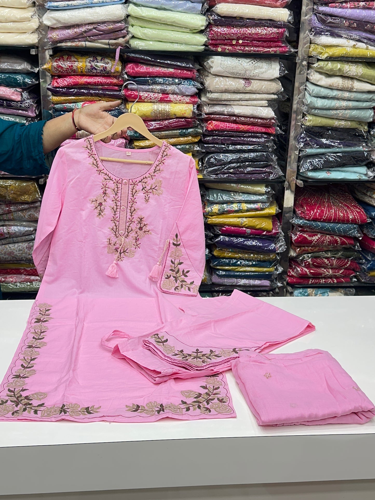 Soft Cotton Semiformal Straight Suit with Heavy Embroidery work on sleeves & Border and bottom