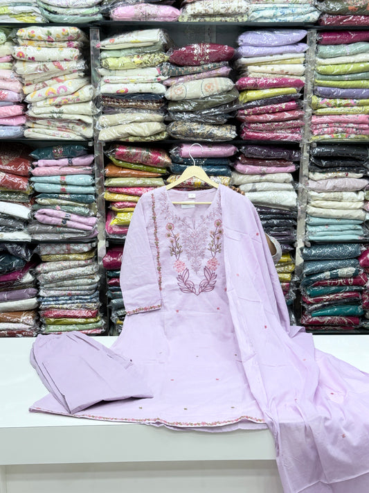 Pure Cotton Hand Embroidered Kurta Set for Women | 3-Piece  Suit in pastel Colors | Comfortable Simple Office Wear